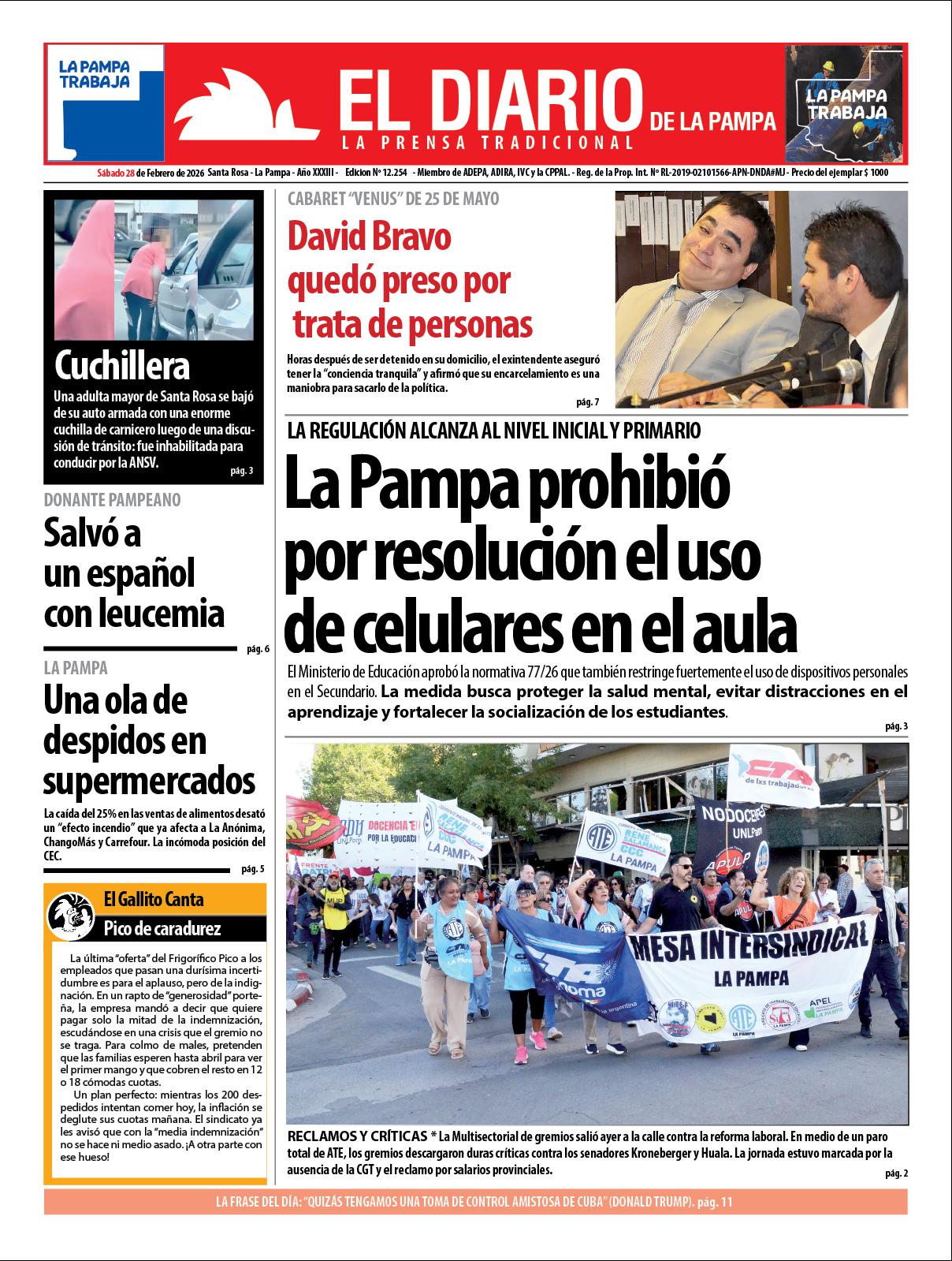 Tapa de El Diario en papel  saacutebado 28 de febrero de 2026